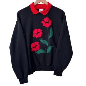 VINTAGE 80s Applique Sweatshirt Size M Floral Rhinestone Grannycore Cottage